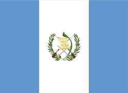 [ai] The flag of Guatemala featuring three vertical stripes: two blue on the sides and a white center stripe. In the center is the national emblem, which includes a quetzal bird, swords, and a scroll with text.